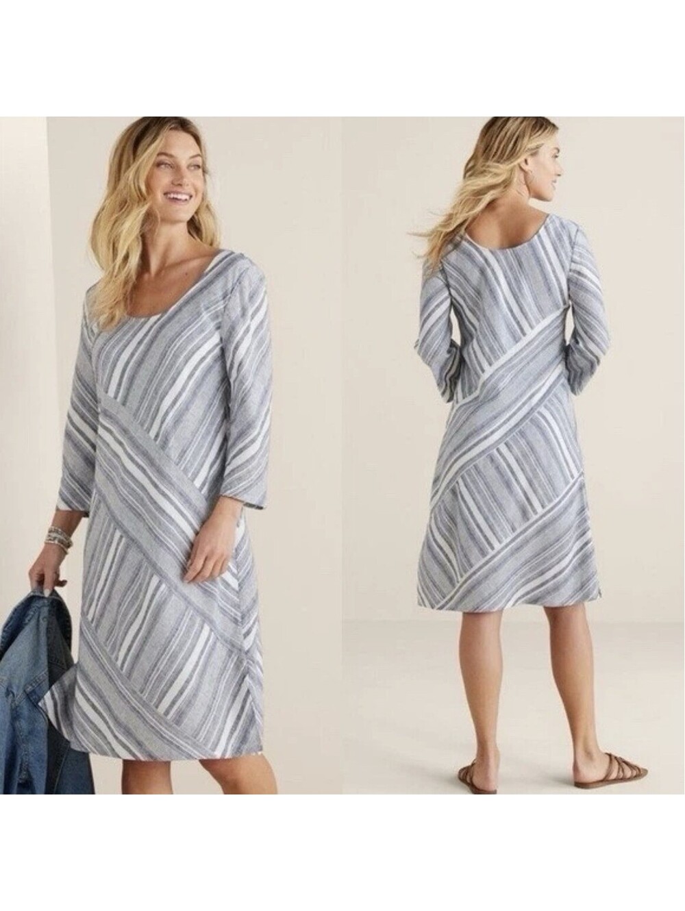 Soft Surroundings Sonya Blue/White Striped Linen Blend Dress Womens L Beachy